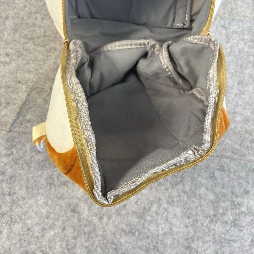 Plush Fuzzy Fleece Brown Beige Collapsible Zip Closure Makeup Bag 10